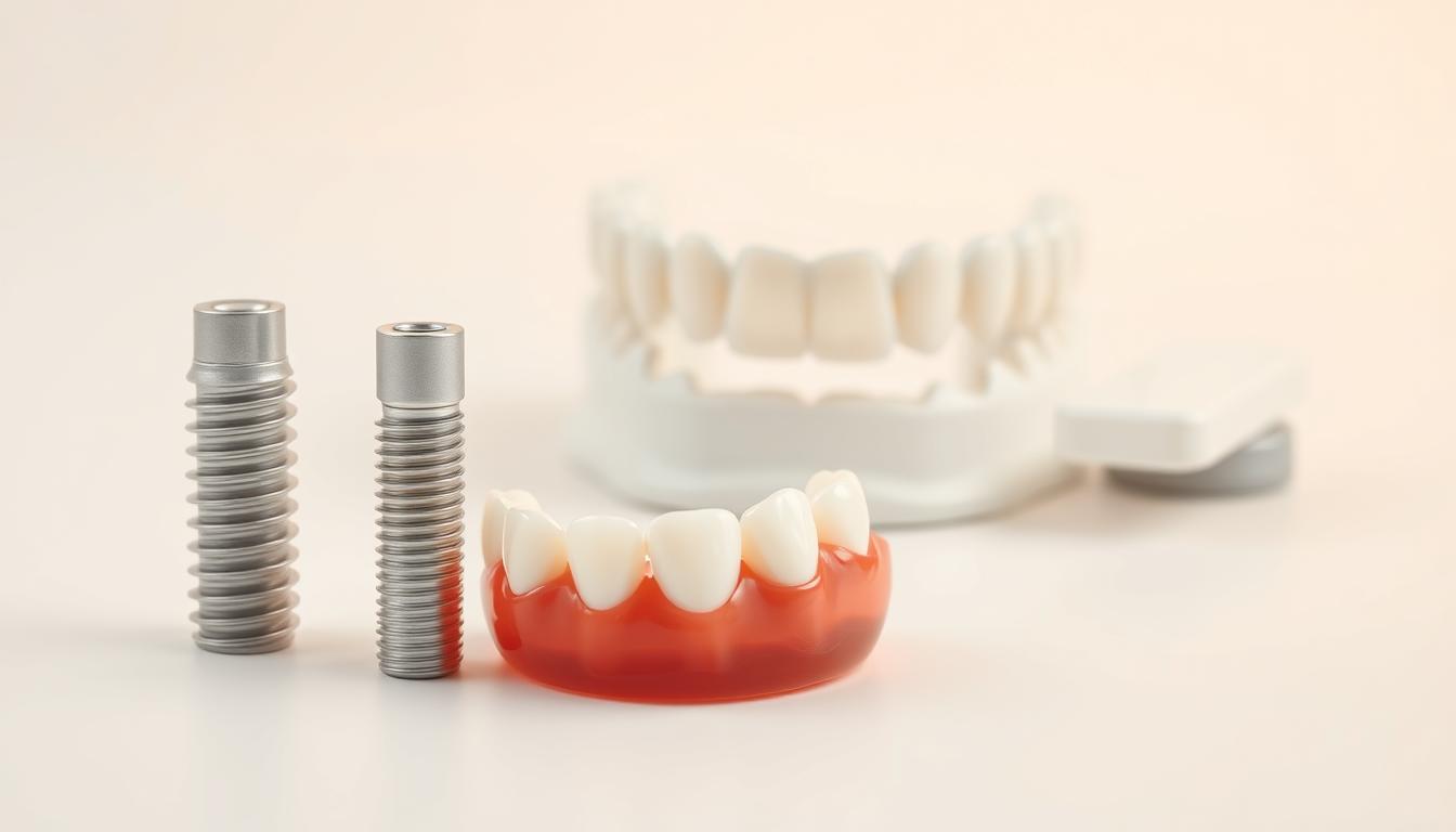 A close-up view of various tooth replacement options arranged on a clean, white background. In the foreground, a dental implant, a dental bridge, and a partial denture are displayed prominently, showcasing their distinct designs and materials. The middle ground features a full denture, revealing its intricate framework and lifelike appearance. The background is softly blurred, emphasizing the focus on the dental prosthetics. Subtle, warm lighting casts gentle shadows, accentuating the textures and details of the replacements. The overall mood is one of clinical precision and dental expertise, inviting the viewer to explore the different solutions for restoring missing teeth.
