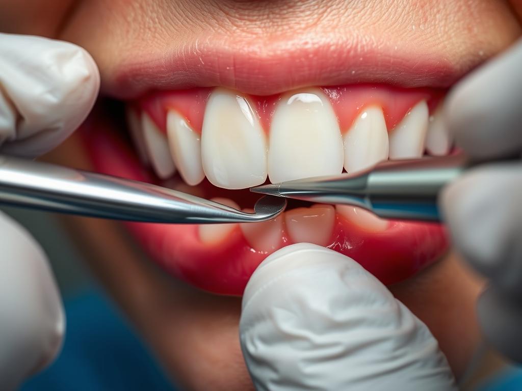 Dentist using periodontal probe to measure pocket depths around teeth