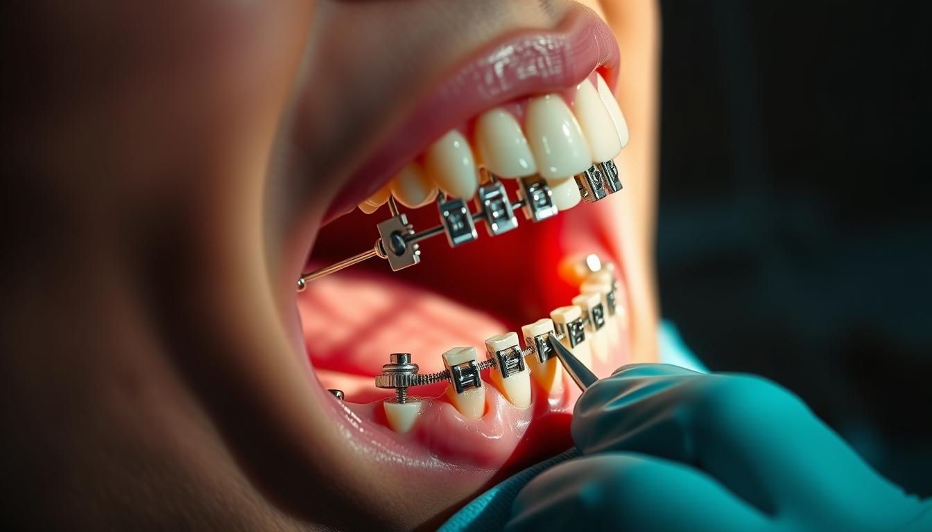 A close-up view of a patient's jaw, partially opened to reveal the intricate orthodontic hardware used in jaw surgery. The scene is bathed in soft, directional lighting, casting subtle shadows that highlight the contours of the teeth and supporting structures. The focus is sharp, drawing the viewer's attention to the delicate details of the procedure, such as the wires, brackets, and surgical tools. The background is blurred, creating a sense of depth and emphasis on the main subject. The overall tone is clinical yet captivating, conveying the specialized nature of this transformative surgical process.