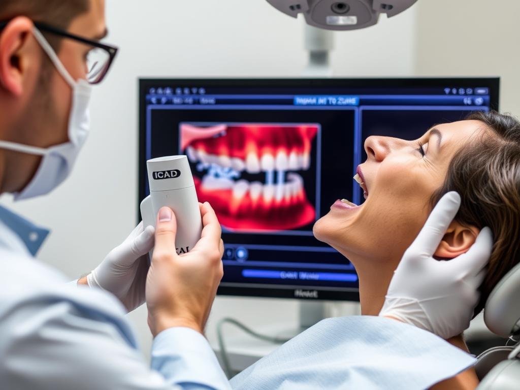 Dentist using ICAD intraoral scanner for dental implant case