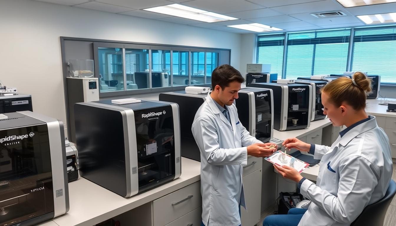 Precision Dental Lab technicians working with RapidShape 3D printers for dental implant production