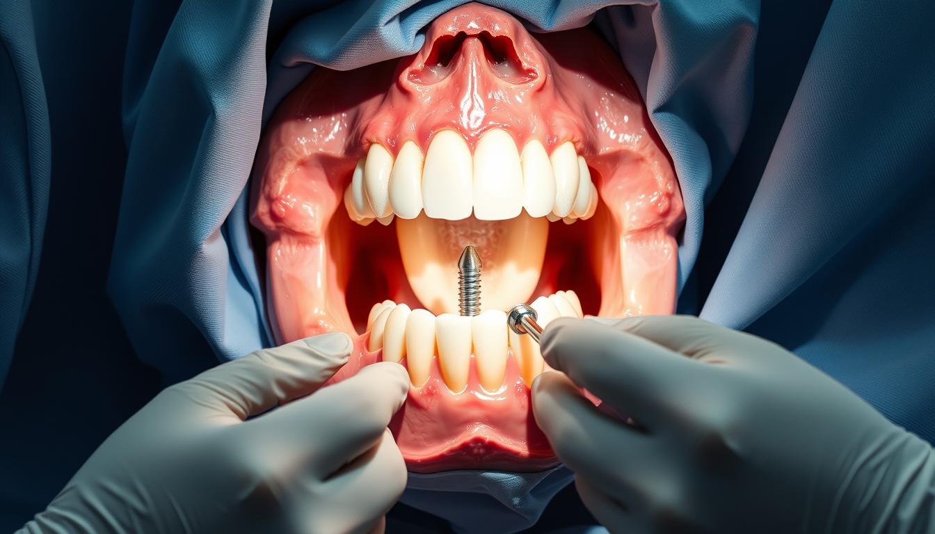 Dental surgeon performing transosteal implant procedure for jaw reconstruction