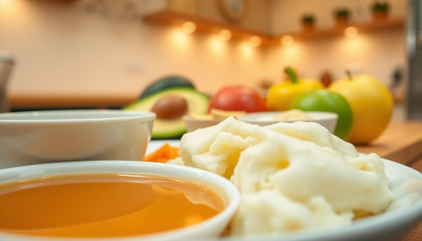 A stylized close-up illustration of a meal plan featuring soft, easy-to-chew foods suitable for dental implant recovery. In the foreground, a plate showcases a bowl of broth, a portion of mashed potatoes, and a soft fruit puree. In the middle ground, fresh produce like avocado, yogurt, and applesauce are arranged neatly. The background is blurred, suggesting a clean, minimalist kitchen setting with warm, indirect lighting. The overall mood is soothing, hygienic, and focused on the nutritional needs of someone rehabilitating from a dental procedure.