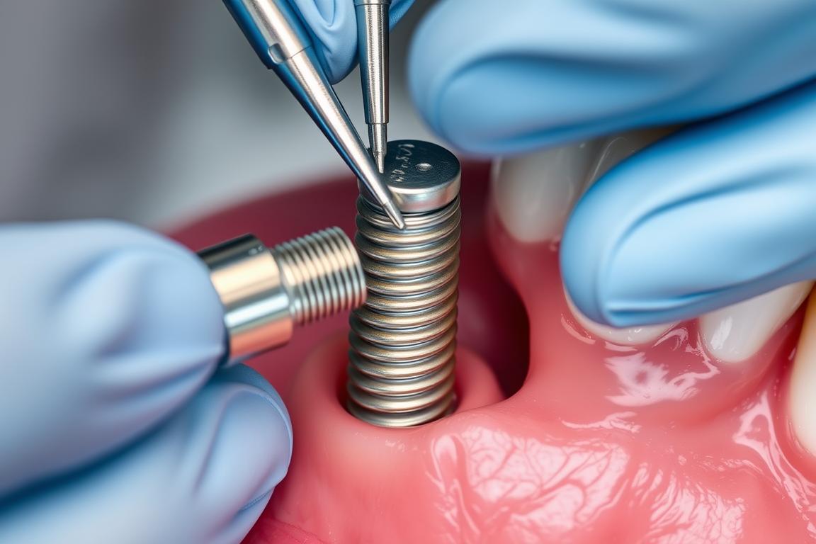 Dental surgeon attaching abutment to dental implant