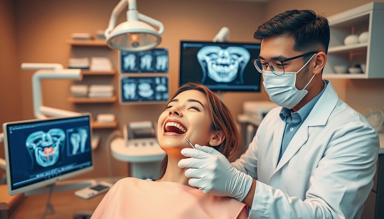 A dentist's office with warm, inviting lighting. In the foreground, a patient sits comfortably in an examination chair, their mouth open as the dentist carefully inspects their teeth using a dental mirror and probe. The dentist, wearing a white coat and surgical mask, examines the patient's mouth with a focused, professional expression. In the middle ground, a computer monitor displays detailed scans and x-rays of the patient's dental structure. The background features medical equipment, shelves of dental tools, and soothing, neutral-toned decor, creating a serene, clinical atmosphere conducive to a thorough dental implant consultation.