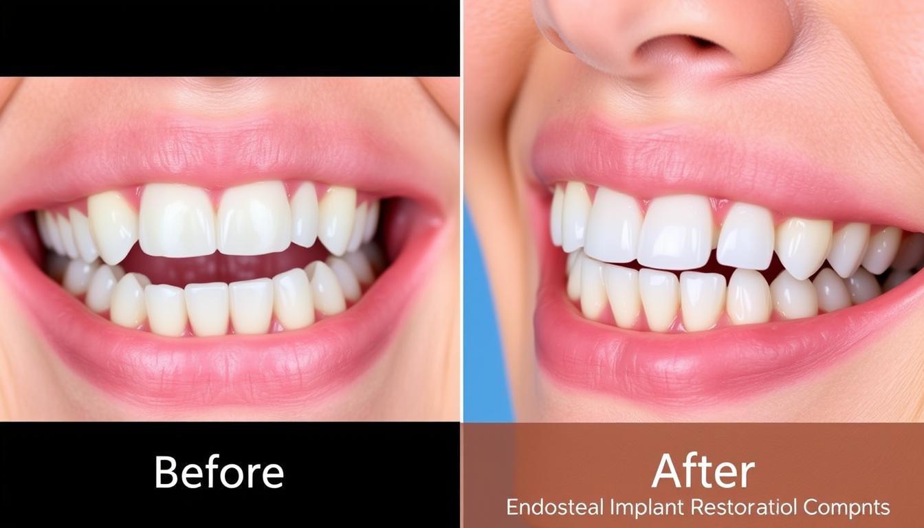 Before and after photos of a patient with endosteal implants showing improved smile