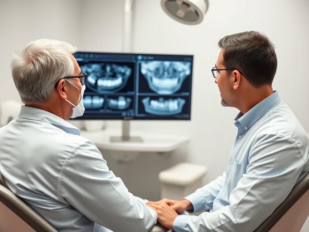Dental consultation for 4-in-1 dental implants showing patient and dentist reviewing scans