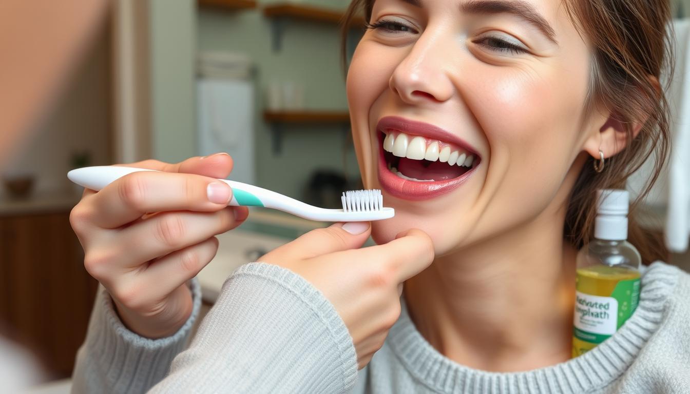 Patient performing oral hygiene routine for dental implant care