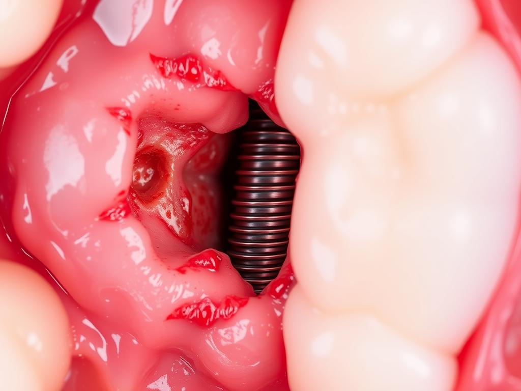 Dental implant infection showing redness and swelling around implant site