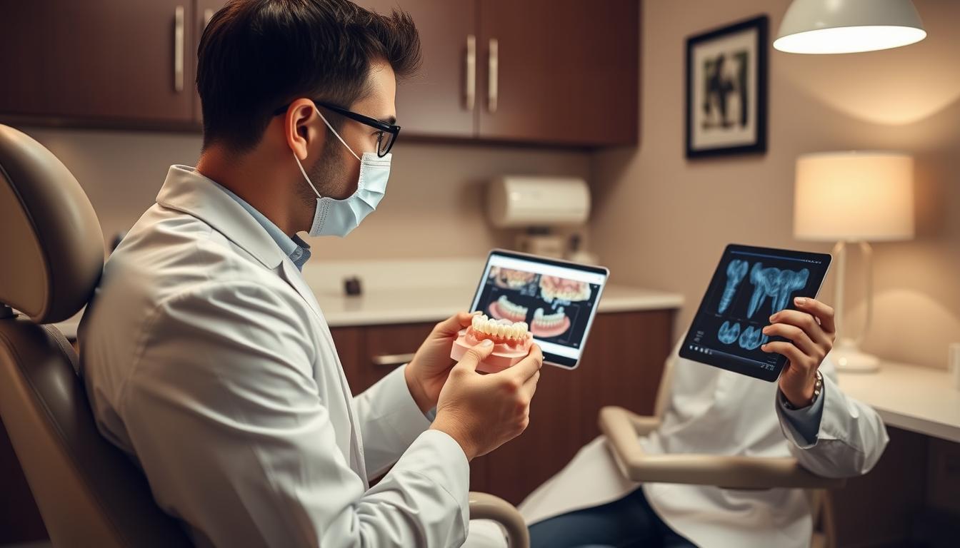 Dental professional consulting with patient about endosteal implant candidacy