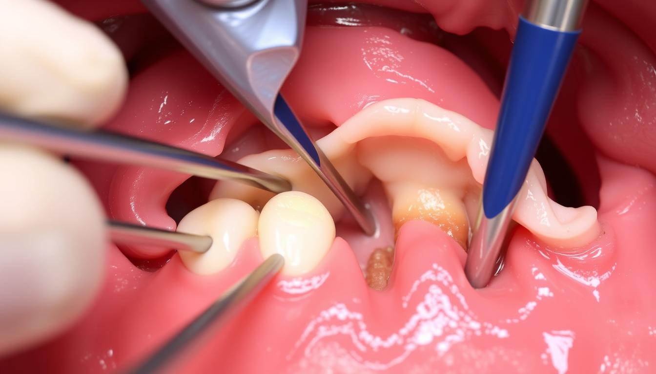 Periodontal flap surgery being performed to treat advanced gum disease