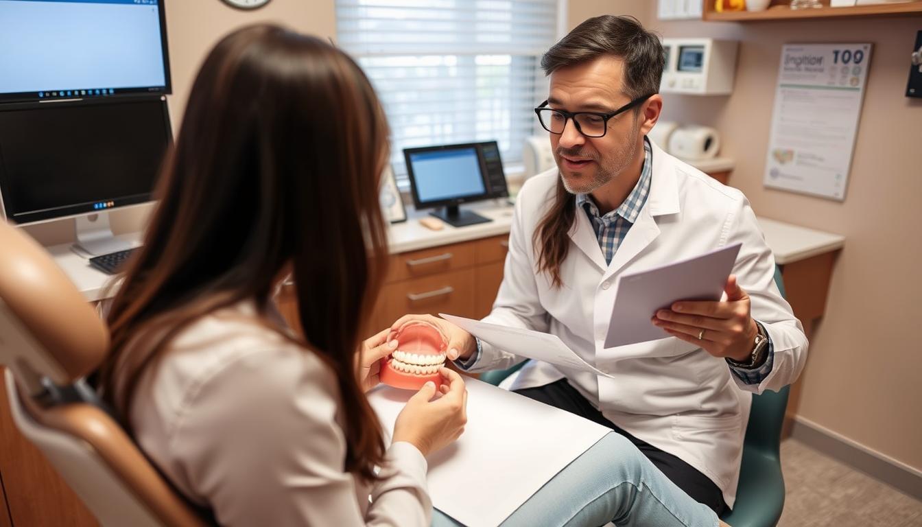 Dental professional answering patient questions about endosteal implants