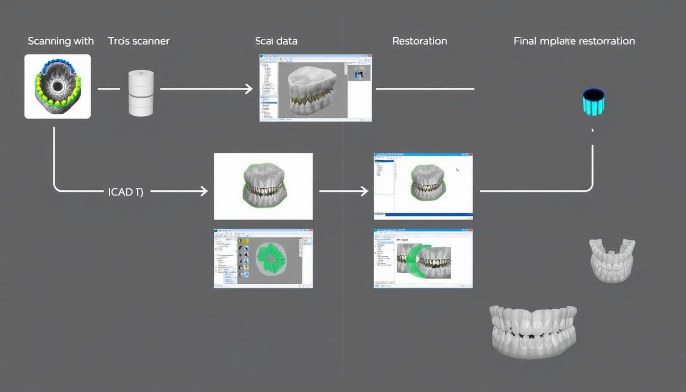 Digital workflow showing ICAD and Trios scanner integration with implant planning software