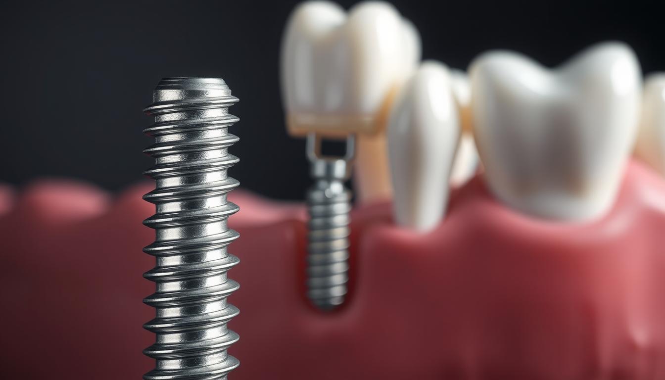 An intricate cross-section of dental implant components, illuminated by soft, diffuse lighting and captured from a precise, technical angle. In the foreground, the titanium implant fixture stands prominently, its intricate threads and textured surface clearly visible. The middle ground showcases the abutment, a vital connector piece, while the background reveals the delicate ceramics that will form the crown, seamlessly blending with the surrounding gum tissue. The overall composition conveys a sense of meticulous engineering and the sophisticated interplay of materials that make up a modern dental implant system.