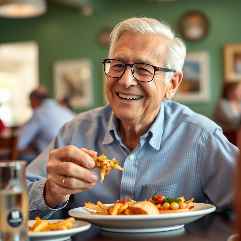 Portrait of Robert, 72, enjoying a meal after successful subperiosteal implant treatment