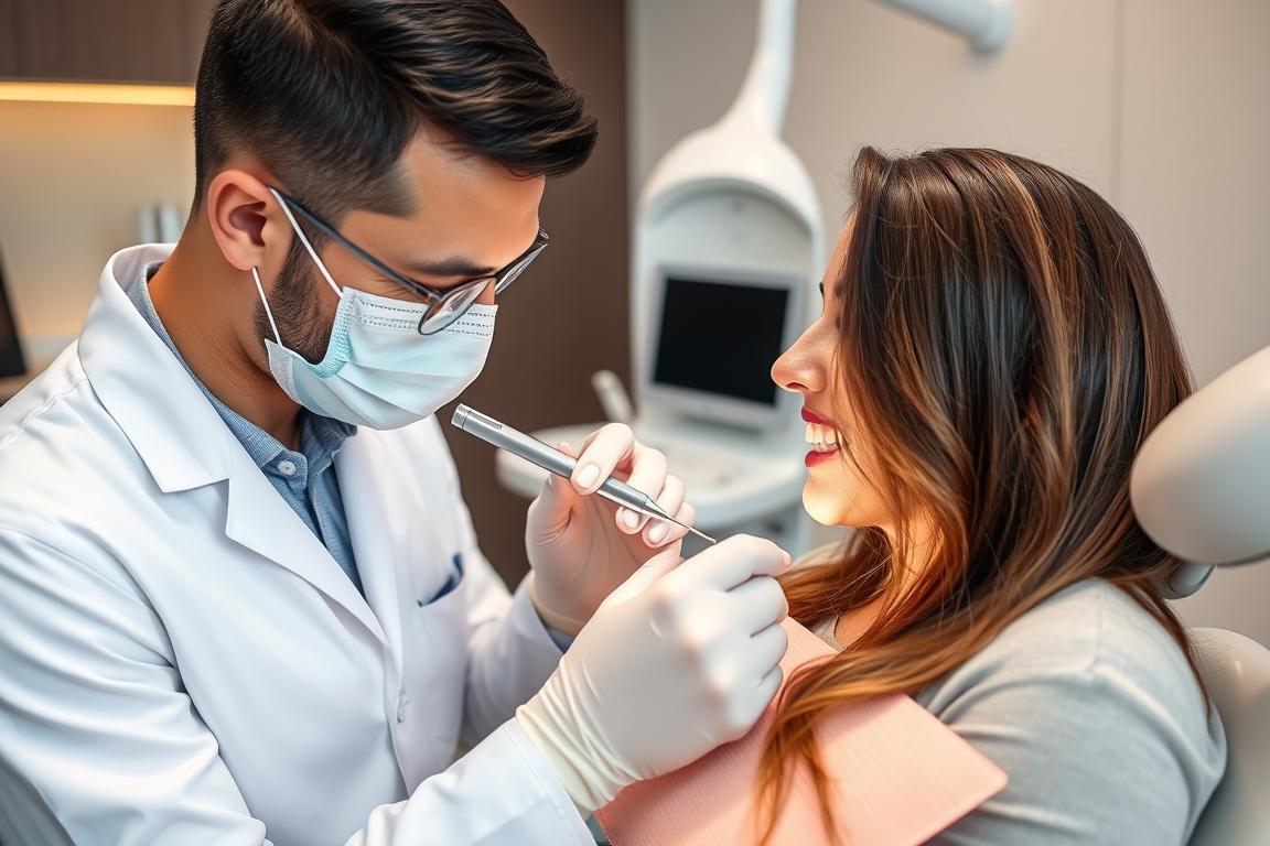 Dental surgeon examining a patient's mouth during implant consultation