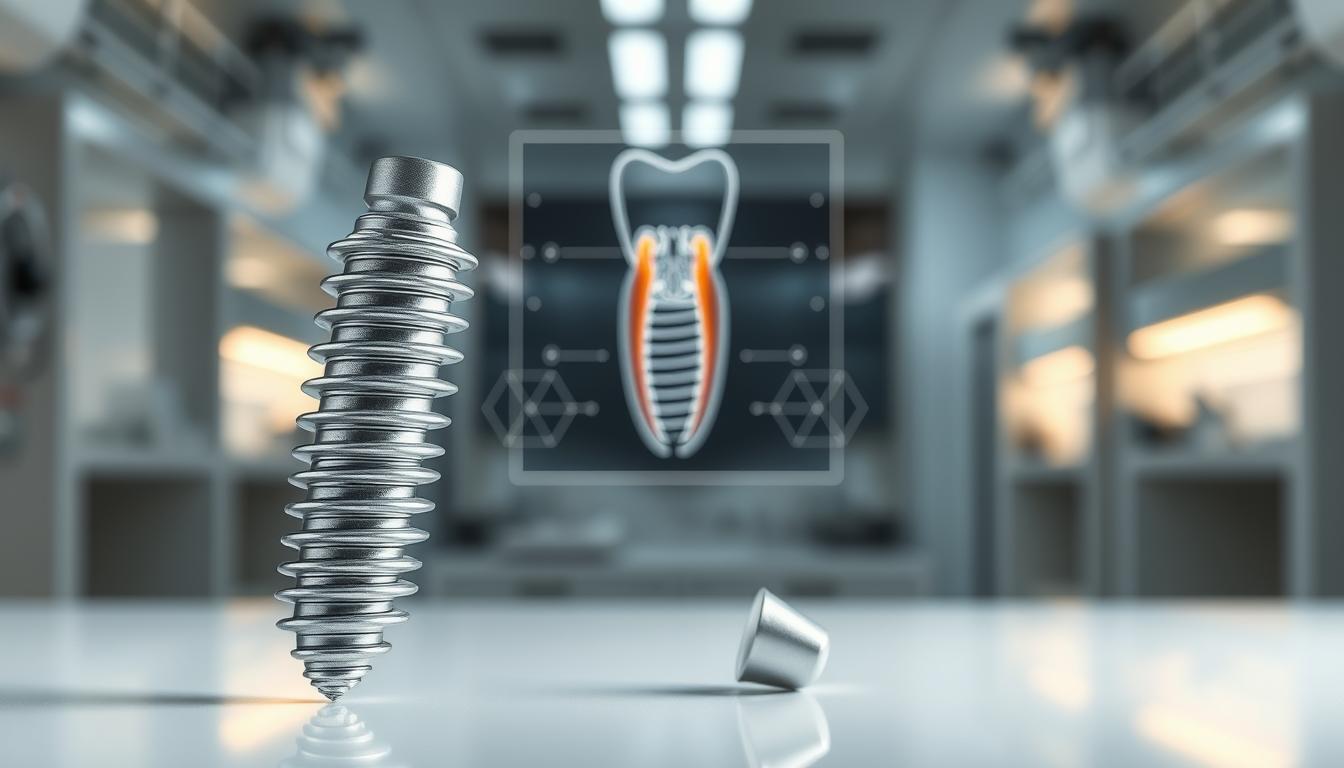 A sleek, modern dental implant floats in the foreground, its titanium alloy surface gleaming under crisp studio lighting. In the middle ground, a cutaway diagram showcases the implant's innovative internal structure, highlighting the intricate bone-integration mechanisms. The background features a blurred, futuristic medical laboratory, conveying a sense of technological advancement and scientific rigor. The overall composition suggests a harmony between surgical precision and material innovation, capturing the essence of dental implant evolution.