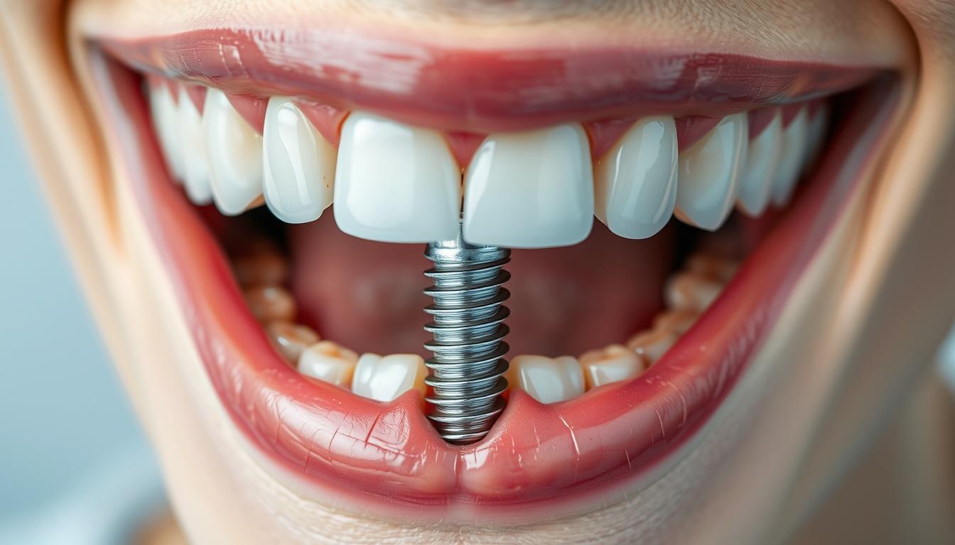 A detailed close-up of a set of healthy adult teeth, showcasing a dental implant fixture seamlessly integrated into the jawbone. The implant appears sleek and modern, with a natural-looking crown that blends harmoniously with the surrounding dentition. The image is lit evenly, capturing the smooth textures and subtle sheen of the dental materials. The background is softly blurred, placing the focus entirely on the implant and its integration within the oral cavity. The overall scene conveys a sense of professionalism, dental expertise, and the potential for a successful implant procedure.