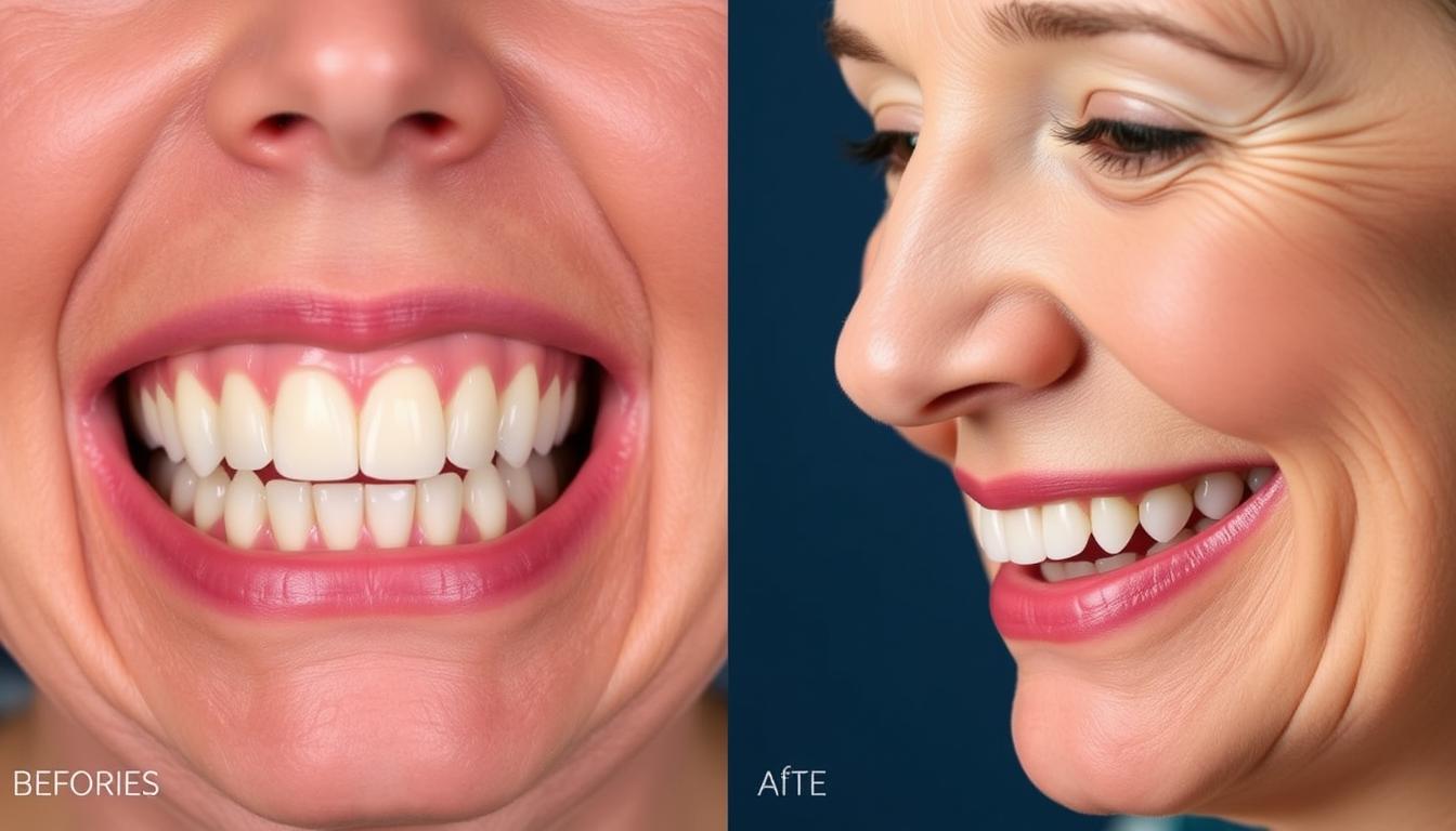 Patient before and after receiving transosteal implants for complete mandibular reconstruction