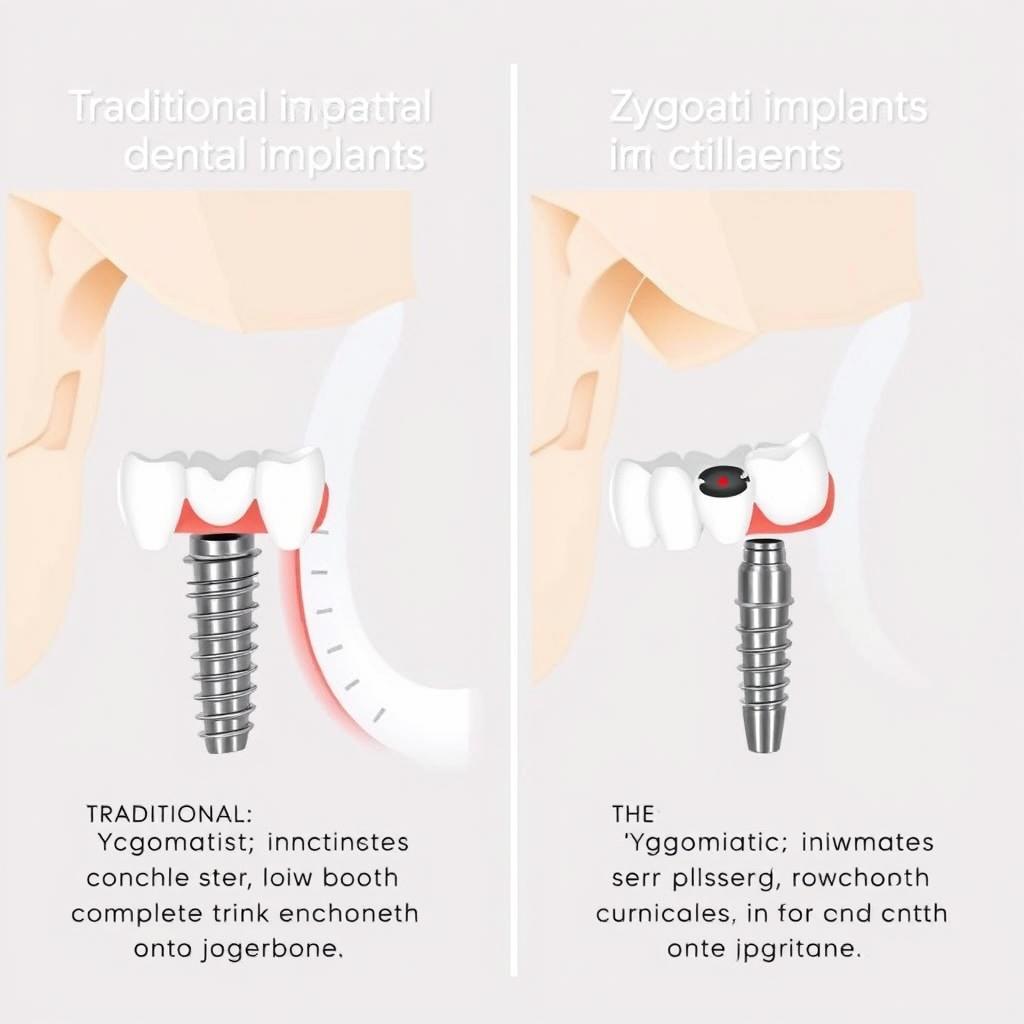 Comparison between traditional and zygomatic implants showing different placement techniques