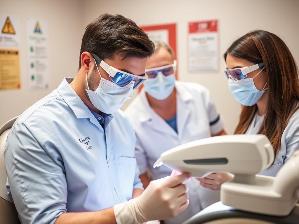 Dental team wearing proper protective equipment for ND:YAG laser procedure