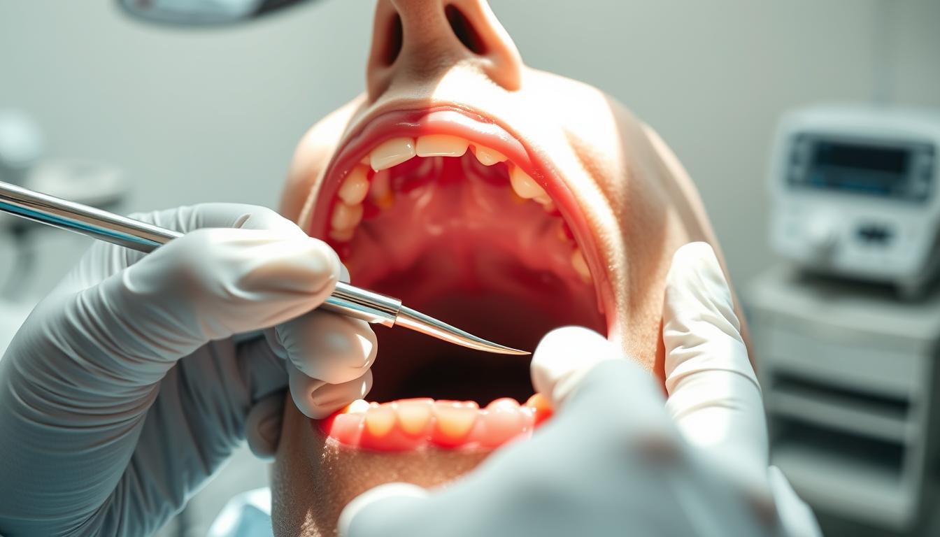 Periodontitis Gingivectomy: a detailed surgical procedure showcasing the removal of excess gum tissue. In the foreground, a close-up view of a dentist's hands delicately wielding a scalpel, precisely excising inflamed gingival tissue. The middle ground reveals the patient's open mouth, displaying the affected area with clarity. In the background, a softly blurred dental operatory, conveying a clinical yet calming atmosphere. Bright, natural lighting illuminates the scene, casting subtle shadows that accentuate the intricate details of the treatment. The overall mood is one of medical professionalism and patient care, expertly capturing the essence of this common dental procedure.