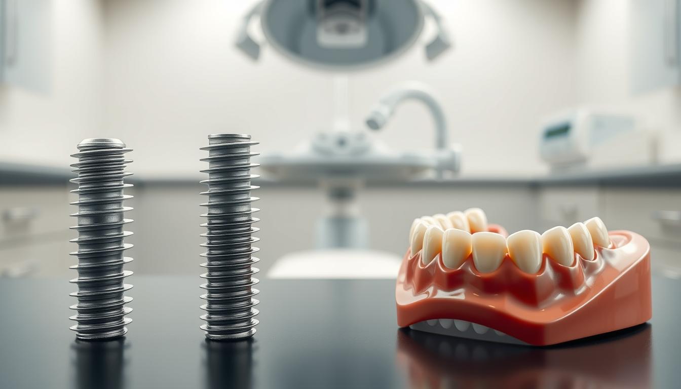 A detailed comparison of dental implants and dentures, showcased against a clean, clinical backdrop. In the foreground, a pair of dental implants and a set of dentures are displayed side-by-side, meticulously rendered to highlight their distinctive features and materials. In the middle ground, a neutral-toned dental workspace with medical equipment creates a professional, authoritative atmosphere. The lighting is soft and diffused, casting subtle shadows that accentuate the textures and contours of the dental appliances. The overall mood is one of scientific precision and medical expertise, inviting the viewer to closely examine and compare the two dental solutions.