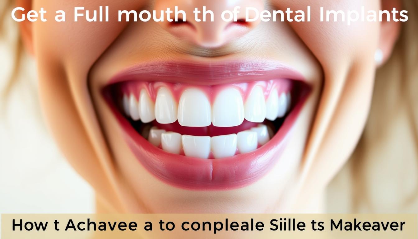 A wide, radiant smile filled with perfectly straight, gleaming white teeth. The mouth is the central focus, capturing the viewer's attention. The lighting is soft and warm, gently illuminating the teeth and lips, creating a sense of natural, genuine happiness. The background is blurred, allowing the smile to take center stage. The image conveys a sense of confidence, beauty, and a complete smile transformation, reflecting the "Get a Full Mouth of Dental Implants" article and the "How to Achieve a Complete Smile Makeover" section.