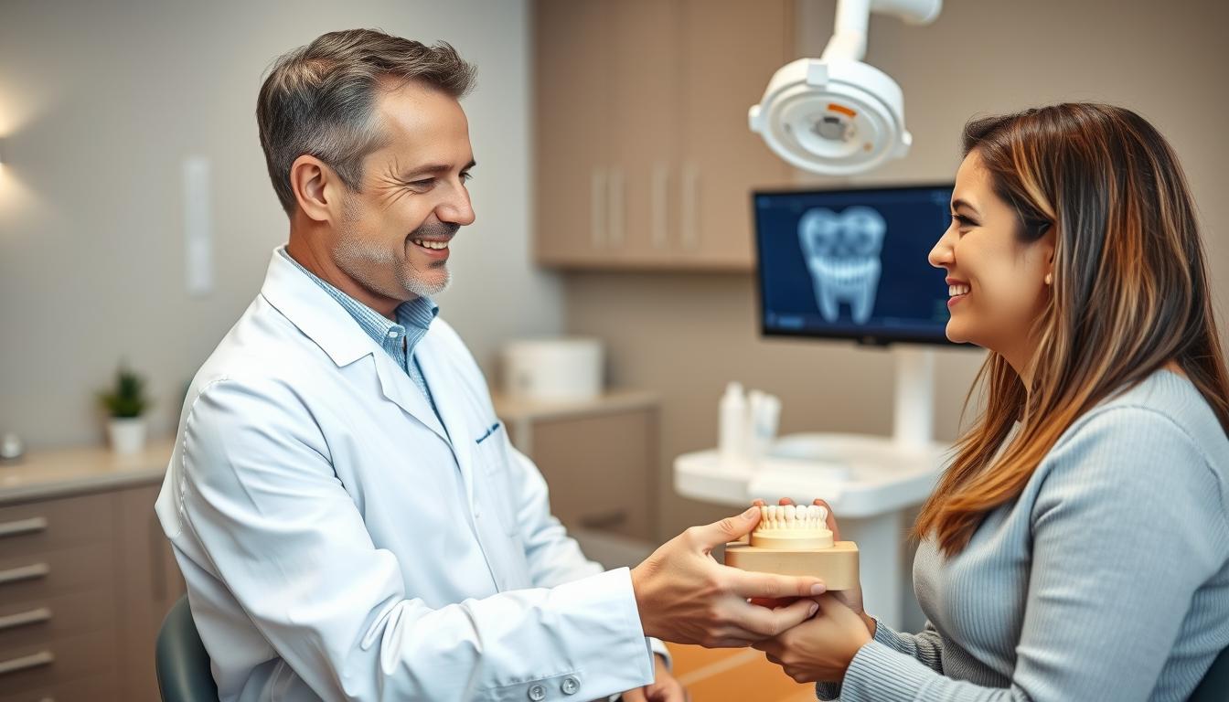 Dental professional consulting with patient about PRF treatment for dental implants