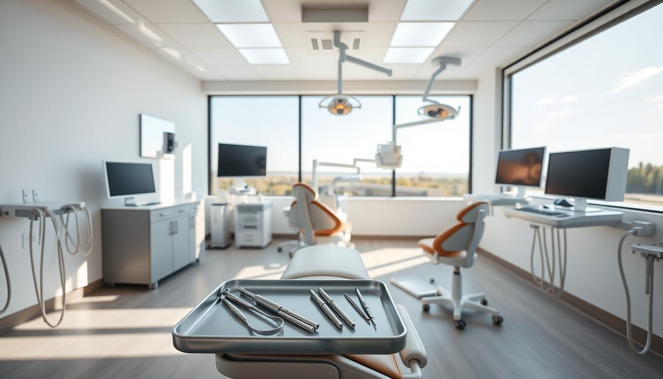 A well-lit, high-angle view of a modern dental surgery room. The foreground features a dentist's chair with clean, stainless steel instruments neatly arranged on a tray next to it. The middle ground showcases a panoramic view of the room, with state-of-the-art dental equipment, bright lighting, and a calming, minimalist color palette. In the background, a large window provides natural light and a serene outdoor view, conveying a sense of professionalism, cleanliness, and patient comfort. The overall scene exudes an atmosphere of competence, care, and a commitment to excellence in oral surgery.