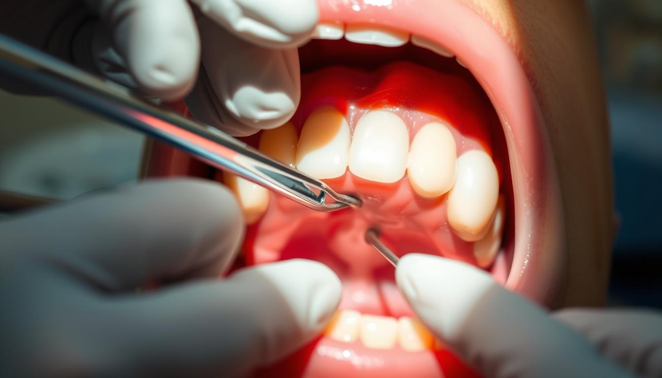 A close-up view of a dental procedure, showcasing the periodontal scaling and root planing process. In the foreground, a dentist's gloved hands delicately maneuver dental instruments, carefully scraping and smoothing the patient's exposed tooth roots. The middle ground reveals the open mouth, with the gum tissue gently retracted to provide clear access to the treatment area. The background is softly blurred, creating a sense of clinical focus and attention to detail. Bright, natural lighting illuminates the scene, casting subtle shadows and highlighting the intricate textures of the teeth and instruments. The mood is one of precision, professionalism, and the patient's well-being.