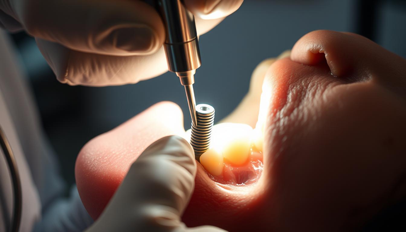A close-up view of a dental implant procedure, with a skilled dentist's hands carefully drilling into the patient's jawbone to create a socket for the implant. The scene is illuminated by a bright, focused light, casting sharp shadows and highlighting the intricate details of the surgical instruments. The background is blurred, drawing the viewer's attention to the meticulous work being performed. The overall mood is one of precision, professionalism, and the patient's well-being at the forefront of the procedure.