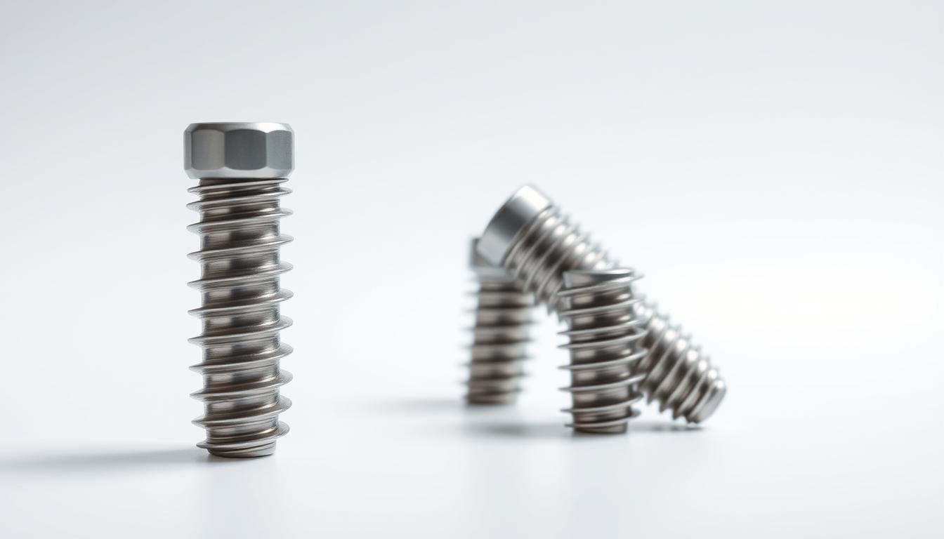 Titanium dental implants, gleaming and precisely crafted, resting against a clean, minimalist backdrop. The implants' intricate surface texture and sleek, modern design convey a sense of advanced medical technology. Bright, diffused lighting from above casts gentle shadows, emphasizing the implants' three-dimensional form and creating a sophisticated, clinical atmosphere. The image is captured at a slight angle, giving the viewer a dynamic perspective and a sense of depth. The overall impression is one of high-quality, innovative dental solutions that prioritize patient comfort and aesthetics.