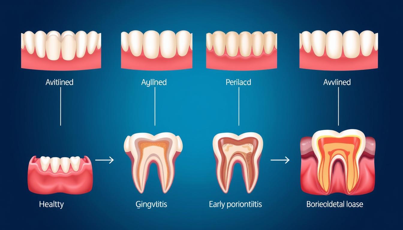 Progression stages of periodontal disease showing healthy gums to advanced periodontitis