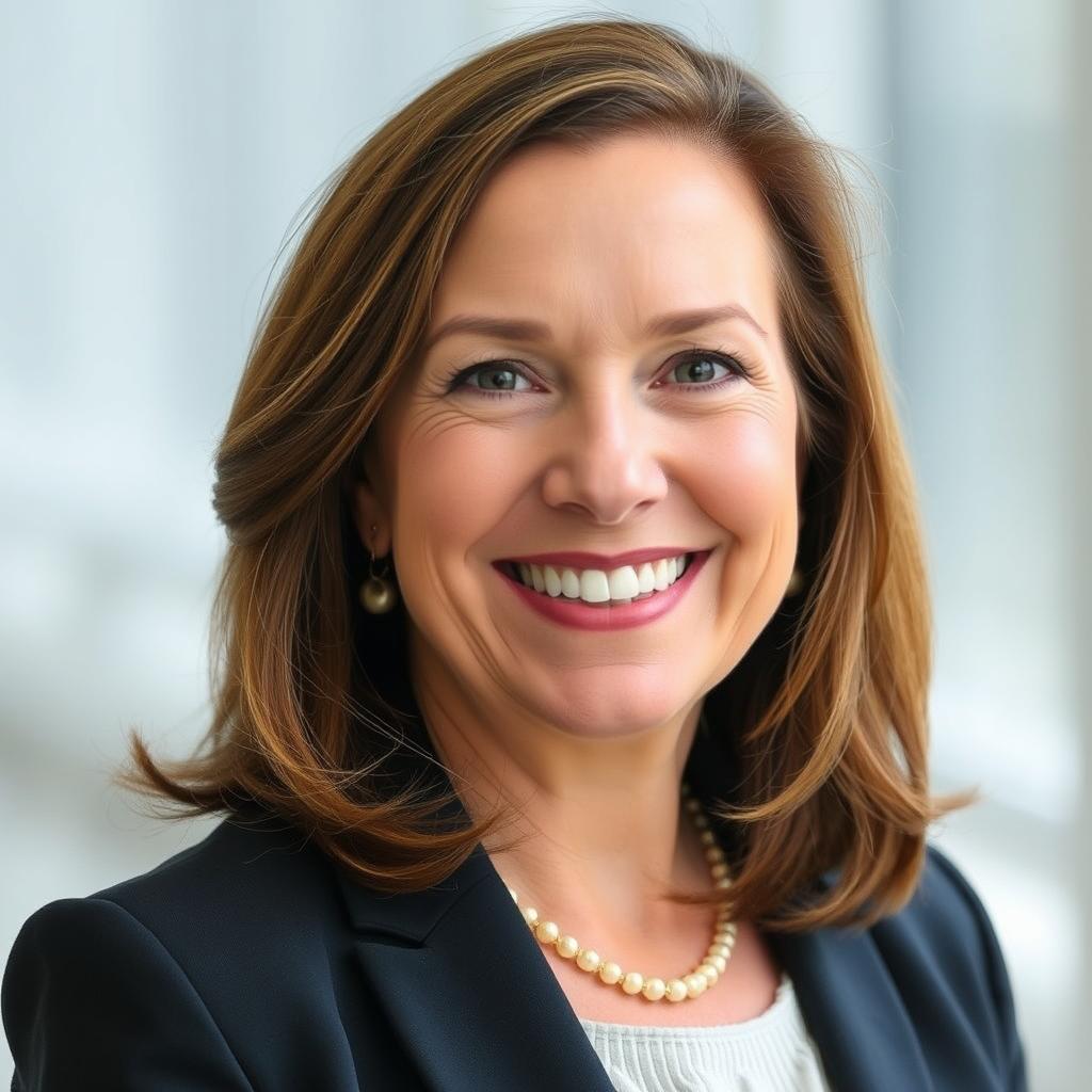 Portrait of Sarah, 54, showing her confident smile after subperiosteal implant treatment