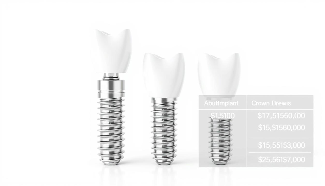 A detailed breakdown of dental implant pricing, showcasing the various components and associated costs. A close-up, high-resolution render in a clean, minimalist style, with a crisp white background that highlights the implant, abutment, and crown elements. Precise, technical lighting that accentuates the metallic and ceramic textures, creating a sense of depth and clarity. The composition should be balanced and visually appealing, guiding the viewer's eye through the different cost factors involved in a dental implant procedure.