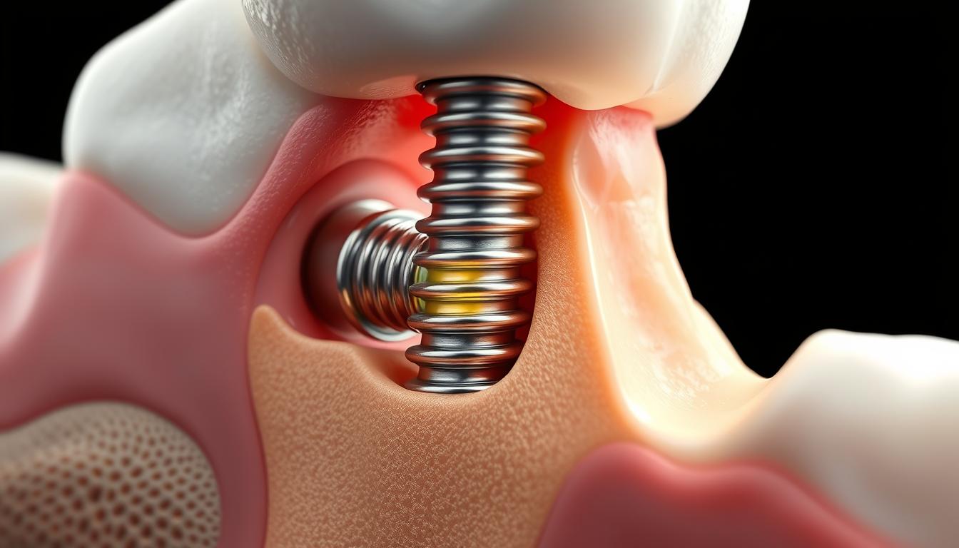 Detailed cross-section of the dental implant osseointegration process. Visible are the titanium implant fixture, the surrounding alveolar bone, and the new bone growth enveloping the implant surface. Crisp, high-contrast lighting illuminates the intricate interplay between the implant and the living bone tissue. Rendered with scientific accuracy and anatomical precision, using a tight, macro-level perspective that emphasizes the seamless integration of the implant into the bony structure. Subtle textures and muted colors convey the clinical, technical nature of the subject matter. Overall, a visually striking and informative illustration of the dental implant osseointegration phenomenon.
