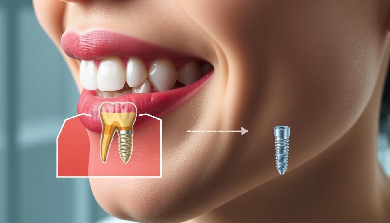 A detailed close-up illustration of an ideal candidate for a single tooth dental implant. The subject's mouth is shown in the foreground, with the missing tooth and surrounding gum tissue clearly visible. The middle ground features a cross-section of the jawbone, highlighting the healthy bone density and structure necessary to support an implant. The background depicts a sterile, clinical environment, with subtle lighting accentuating the dental and anatomical features. The overall mood is one of medical professionalism and the possibility of restoring a complete, natural-looking smile.