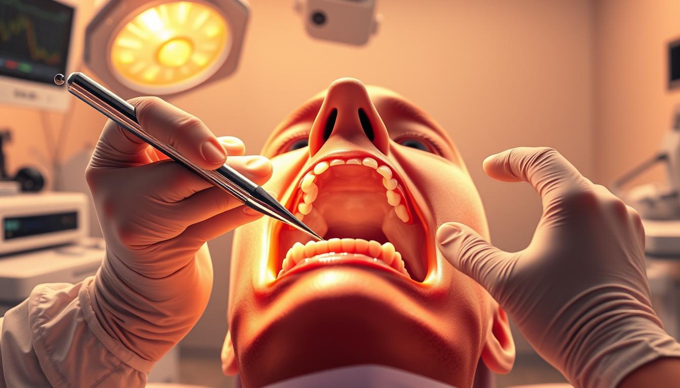 Highly detailed, photorealistic medical illustration showcasing an oral surgery procedure. Foreground depicts a dentist's hands holding dental tools and performing a delicate oral surgery on a patient's mouth, with the patient's head in the center of the frame. Middle ground shows the patient's open mouth, revealing the surgical site and inner structures of the oral cavity. Background depicts a sterile, well-lit dental office setting with medical equipment and instruments. Warm, clean lighting illuminates the scene, creating a sense of professionalism and expertise. Precise attention to anatomical accuracy and surgical detail. Conveys a calm, educational atmosphere suitable for a medical guide.