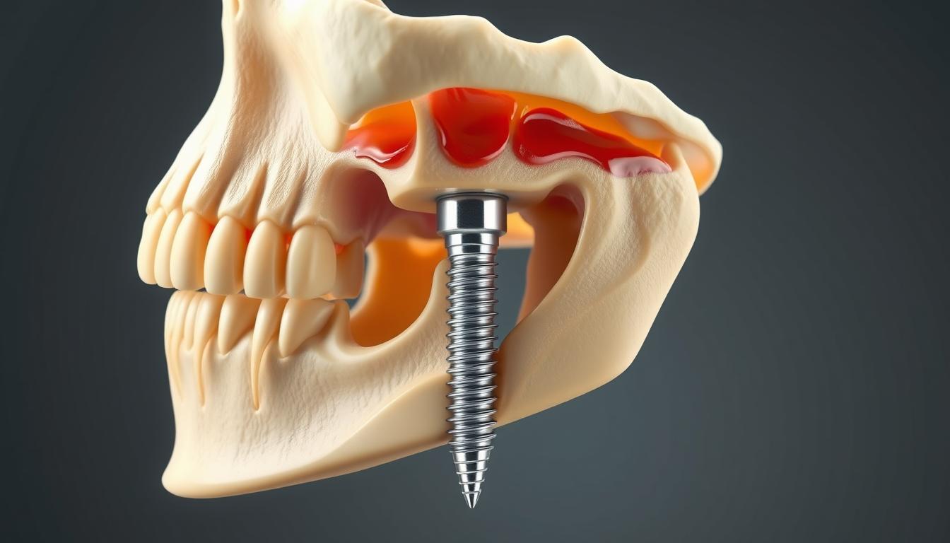 A detailed cross-sectional view of a human jawbone showcasing the internal structure and placement of a dental implant. The image is rendered with high fidelity, displaying intricate anatomical details such as the alveolar bone, gum tissue, and the titanium implant fixture embedded within the jawbone. The lighting is soft and directional, creating depth and emphasizing the 3D nature of the subject. The overall atmosphere is clinical yet visually striking, conveying the precision and importance of the pre-surgical evaluation process for dental implant placement.