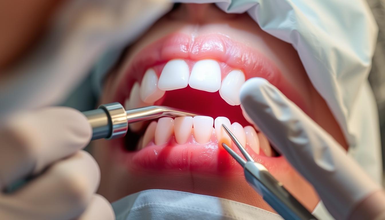 Crown lengthening surgical procedure showing gum tissue being reshaped