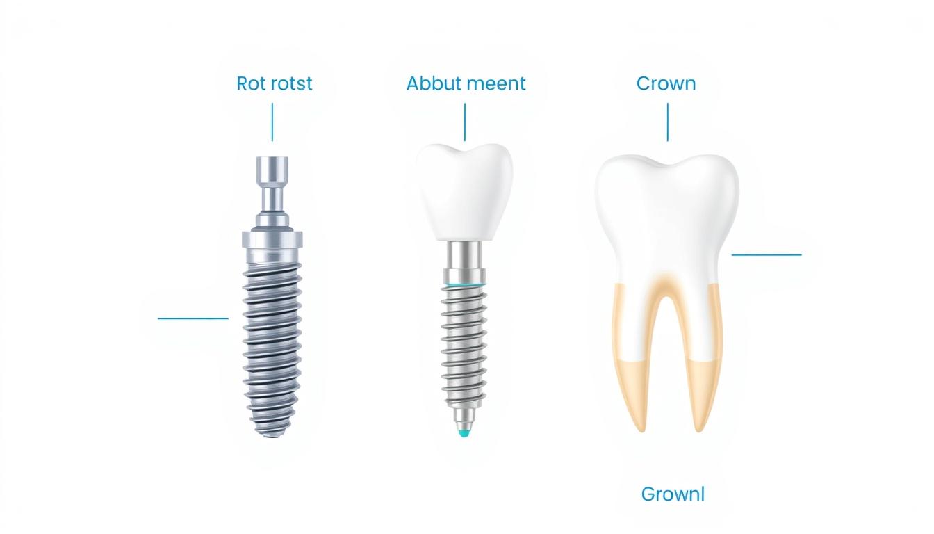 Dental implant components showing the implant, abutment, and crown compared to natural tooth structure