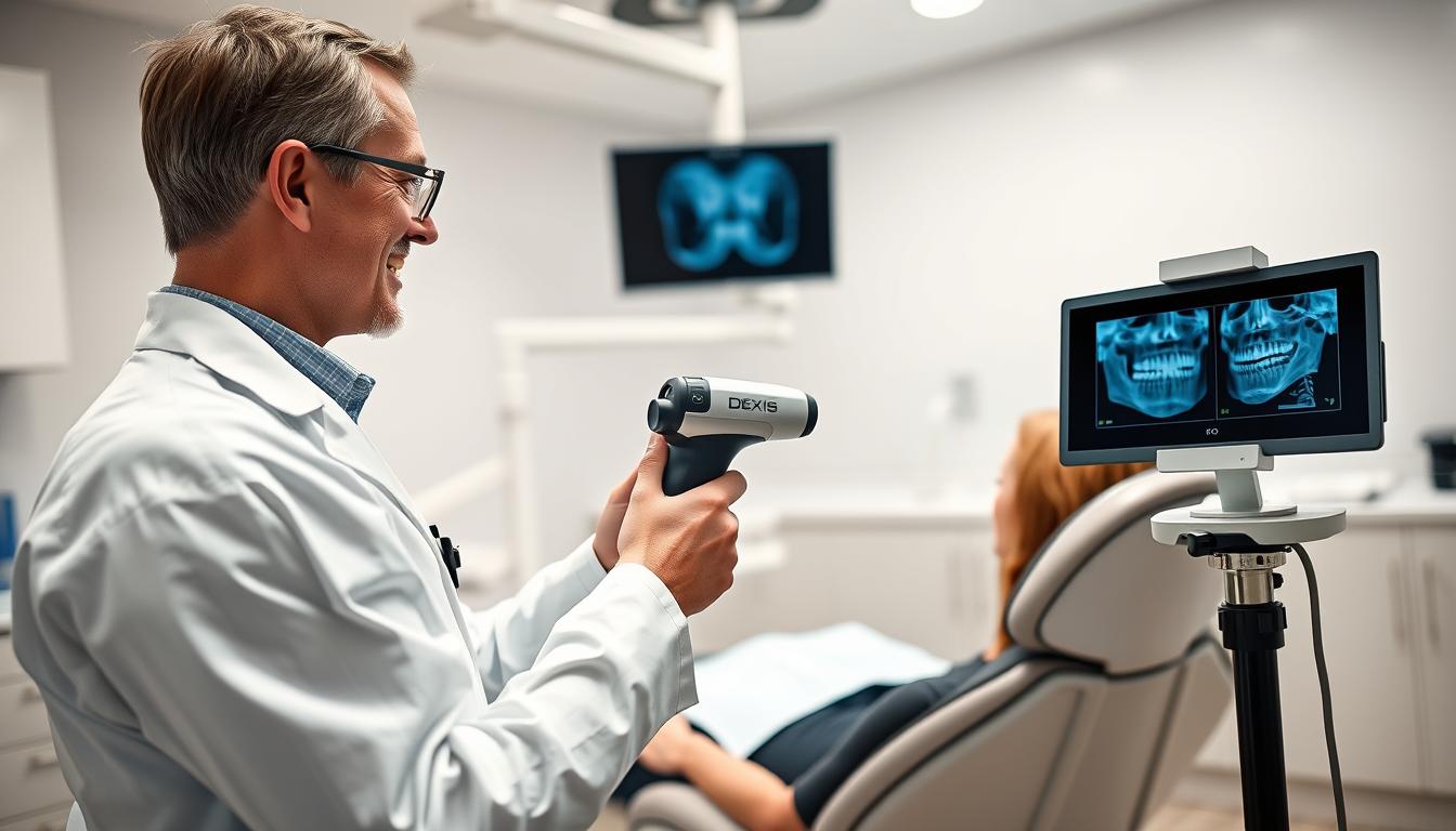 DEXIS Scanner with Nomad portable dental imaging system being used in a modern dental office