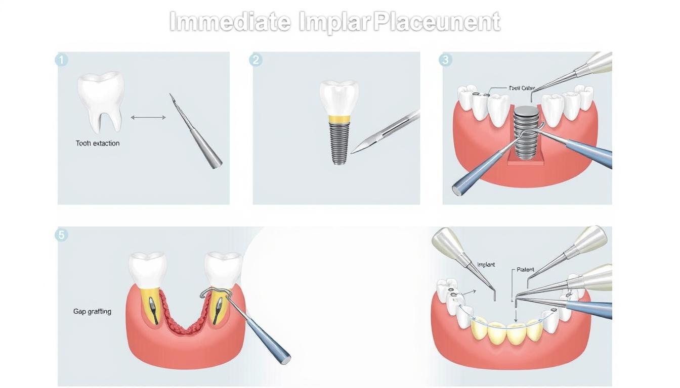 Step-by-step illustration of the immediate implant placement procedure