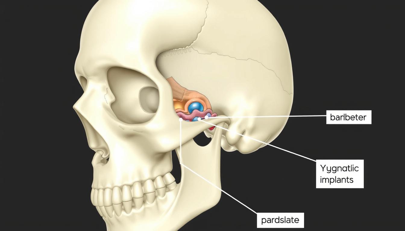 Zygomatic implant placement in the upper jaw showing connection to the zygomatic bone