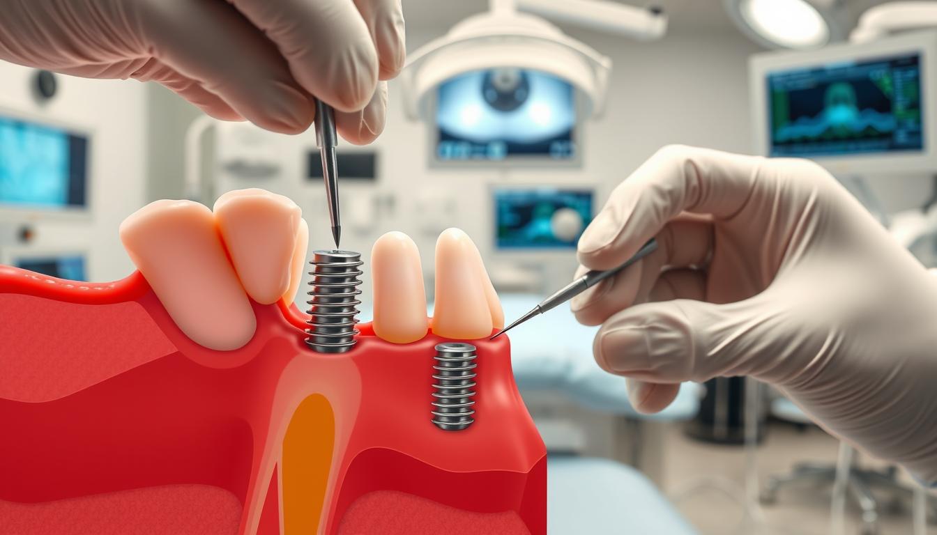 A detailed cross-sectional view of a dental implant surgery process. In the foreground, a close-up of a human jawbone with a titanium dental implant being carefully inserted by the skilled hands of a dentist wearing surgical gloves. The middle ground showcases the various tools and instruments used during the procedure, such as dental drills, scalpels, and sutures. The background depicts a sterile, well-lit operating room with medical equipment and monitors providing real-time feedback. The scene conveys a sense of precision, care, and professionalism, reflecting the expertise required for this intricate dental procedure.