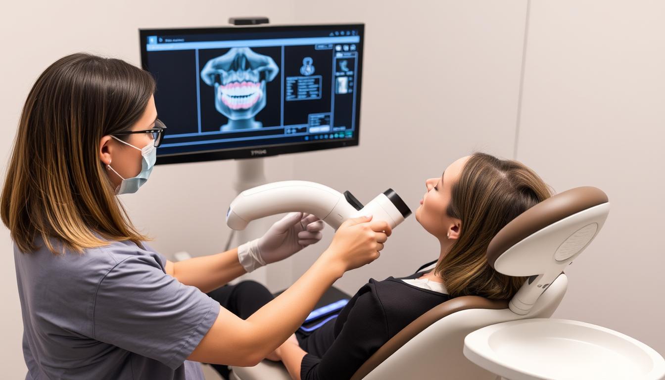 Dental professional using TRIOS scanner with patient