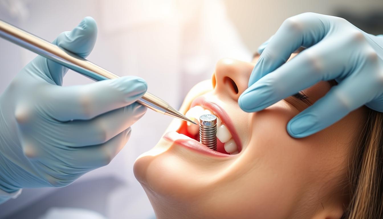 Patient receiving maintenance care for endosteal implant with dental hygienist