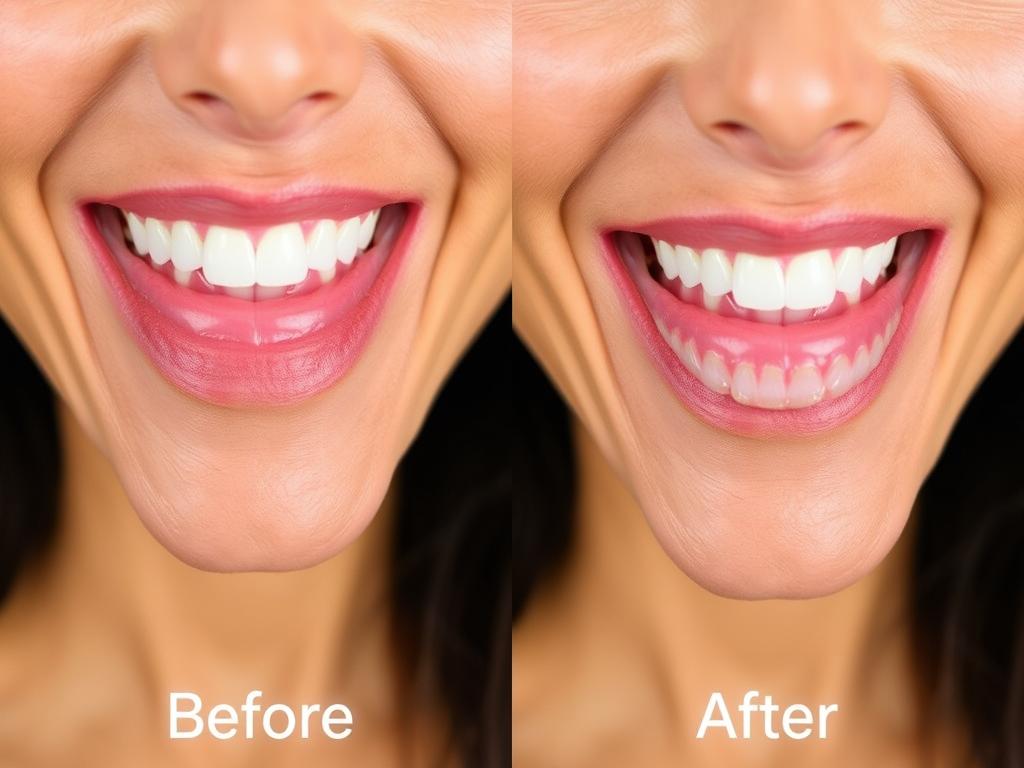 Before and after dental implant procedure showing improved smile aesthetics