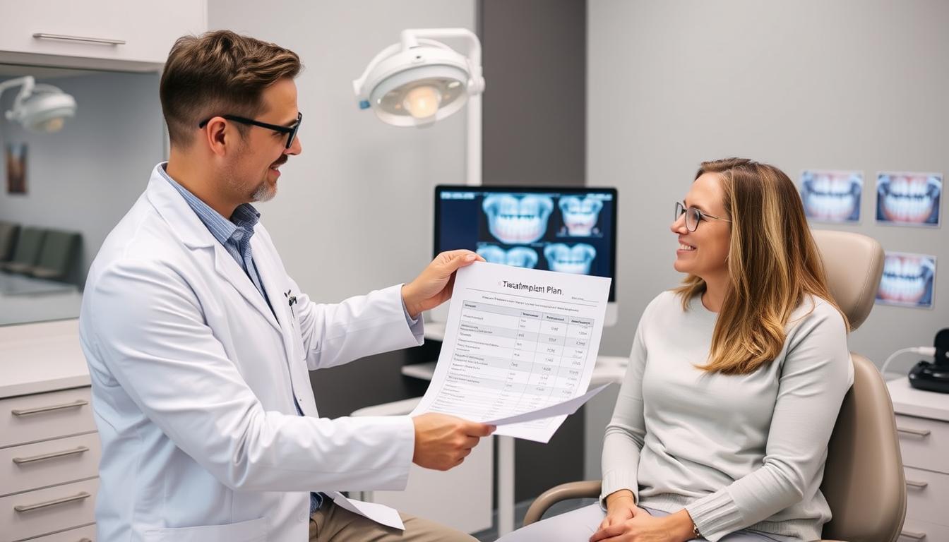 Dental office consultation discussing implant procedure costs